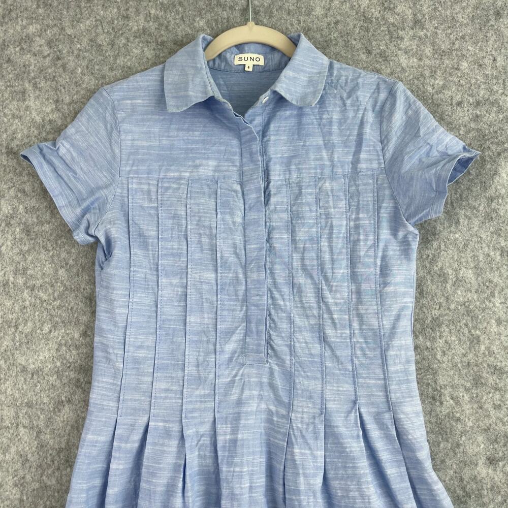 Suno Dress Womens 4 Blue Pleated Embroidery Gold Trim Midi Short Sleeve Resort - Picture 2 of 16